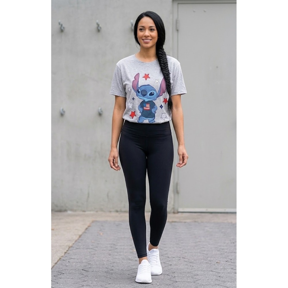 Disney Lilo & Stitch Patriotic American Flag Star Graphic Tee Heather Gray